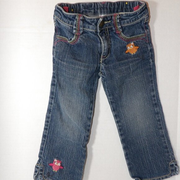 Gymboree sz 2T Girls Blue Denim Jeans Embroidered Owls 2009 Rainbow top stitch - Picture 1 of 5